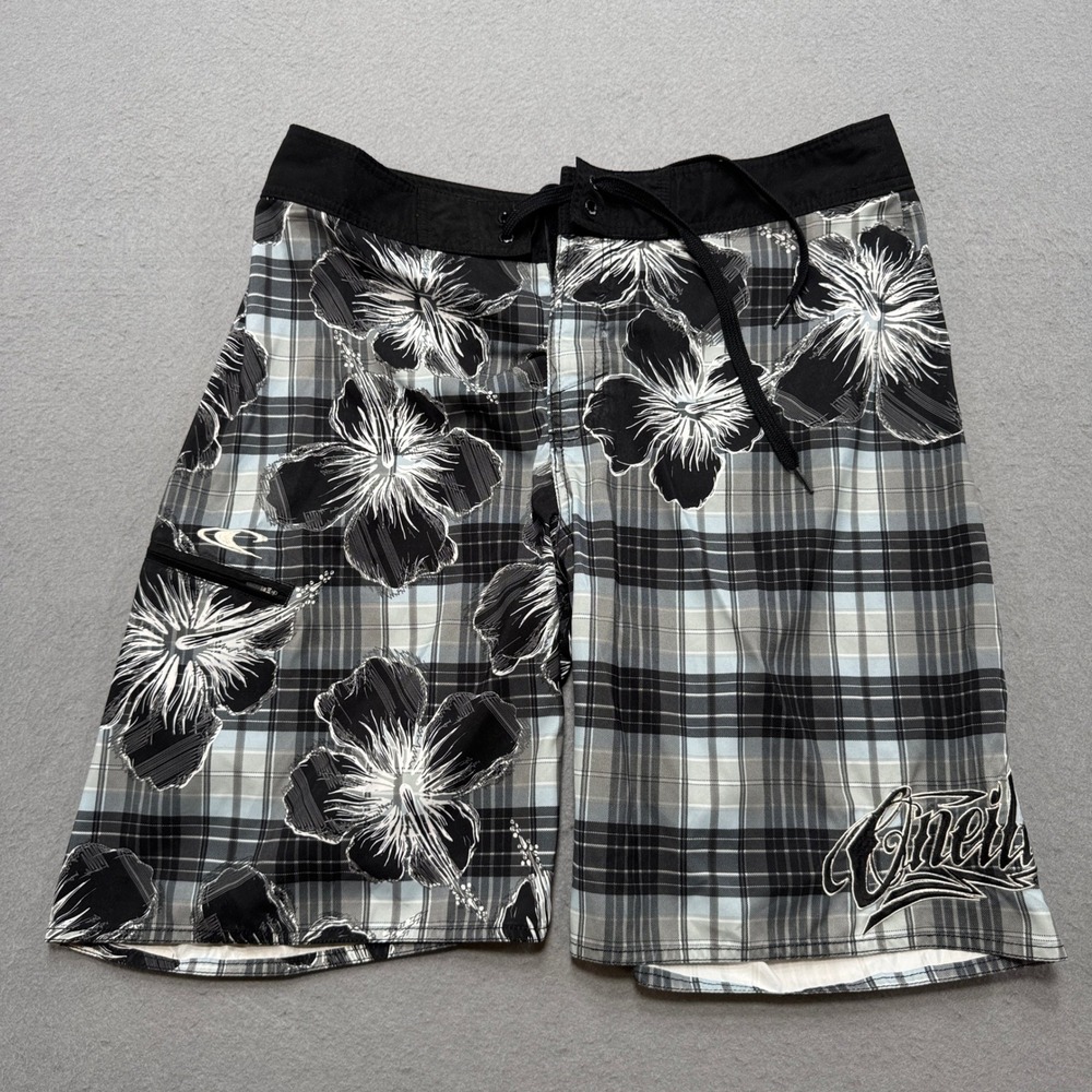 O'Neill Board Shorts Men's 34 Black Gray Plaid Floral Swim Trunks Surf Summer